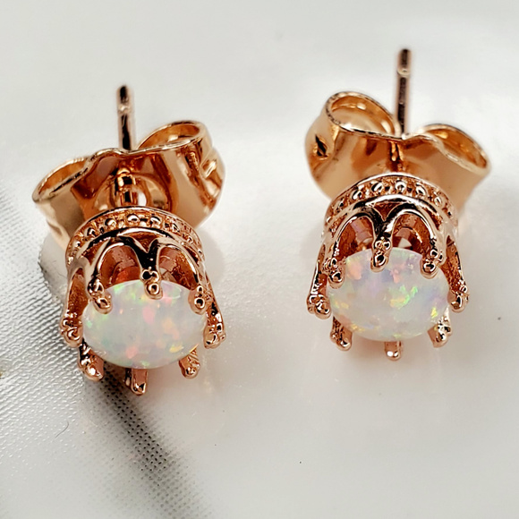 Jewelry - White Fire Opal Crown Stud Earrings Rose Gold